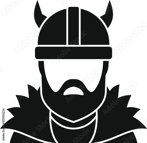 Black and white vector illustration of a viking warrior wearing a horned helmet and fur cloak