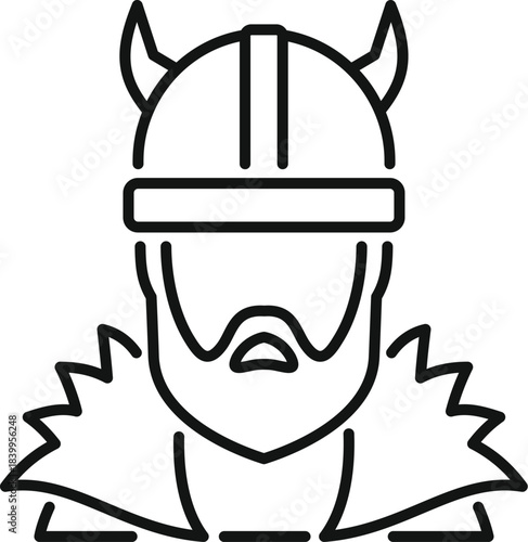 Line drawing of a viking warrior wearing horned helmet