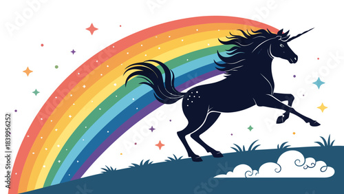 Elegant Running Unicorn Silhouette with Flowing Mane in a Dreamy Minimal Flat Vector Illustration