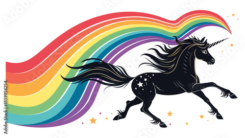 Elegant Running Unicorn Silhouette with Flowing Mane in a Dreamy Minimal Flat Vector Illustration