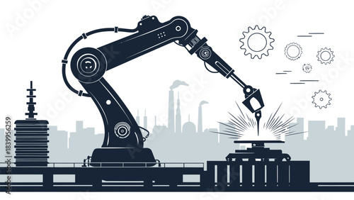 Industrial Robot Arm Silhouette Performing Precision Work in a Minimal Flat Design Vector Illustration