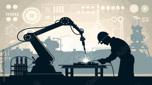 Industrial Robot Arm Silhouette Performing Precision Work in a Minimal Flat Design Vector Illustration