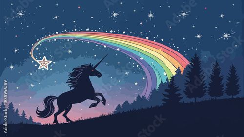 Magical Unicorn Silhouette Galloping with a Trailing Rainbow, a Whimsical Flat Vector Illustration for Fantasy Themes, Children's Books, and Dreams