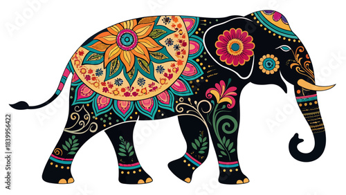 Elegant Elephant Silhouette Decorated with Colorful Truck Art Patterns, a Traditional Cultural Vector Illustration for Asian Festivals and Wildlife Themes