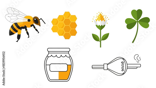 Vector art icon set depicts a bee flying near honeycomb and flower in nature.