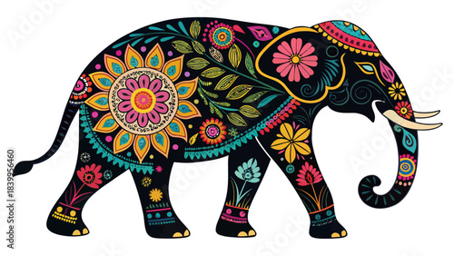 Elegant Elephant Silhouette Decorated with Colorful Truck Art Patterns, a Traditional Cultural Vector Illustration for Asian Festivals and Wildlife Themes