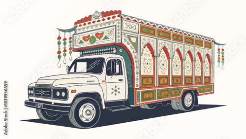Classic Pakistani Truck Art Silhouette with Ornate Hanging Tassels, a Flat Minimal Vector Icon Representing Asian Culture and Traditional Transport