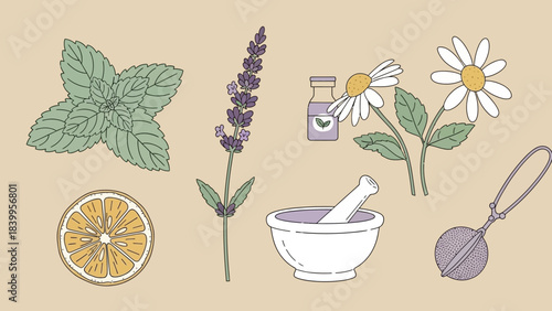 Vector art of herbal remedies in a vector set with icons of nature