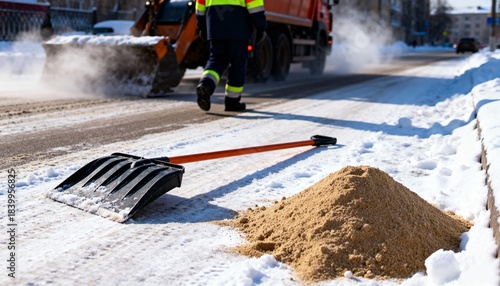 A snowplow clears a snowy road, a shovel and a pile of sand are in the front.