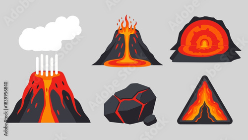 Vector art illustration of volcanoes in nature with vector set and icon elements