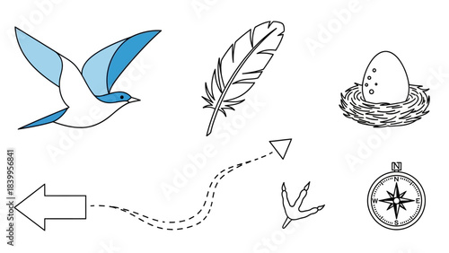 Vector art illustration of a bird in flight over nature with icon vector set