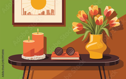 A cozy interior scene featuring a vase of flowers on a table with candles and books