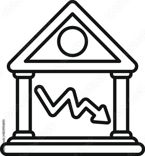 Simple line drawing representing a bank building with a falling arrow chart inside, symbolizing financial crisis and economic decline