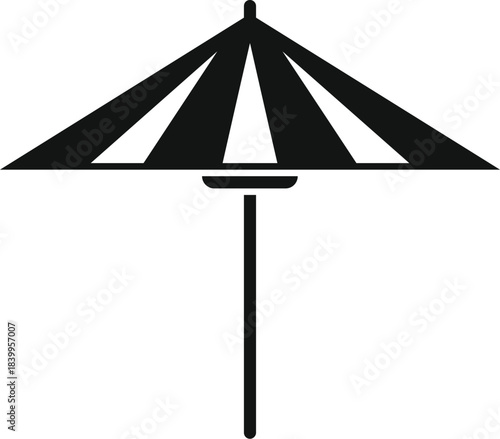 Simple black and white icon of a beach umbrella, offering protection from the sun