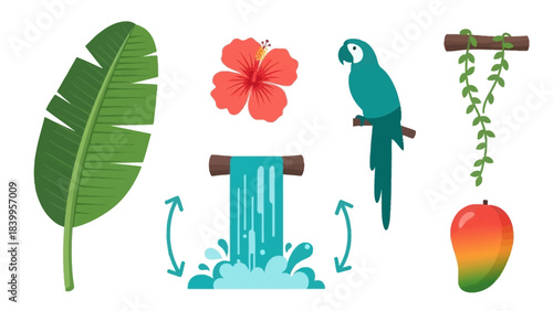 Nature vector art icon set featuring a tropical waterfall with a parrot and fruit.