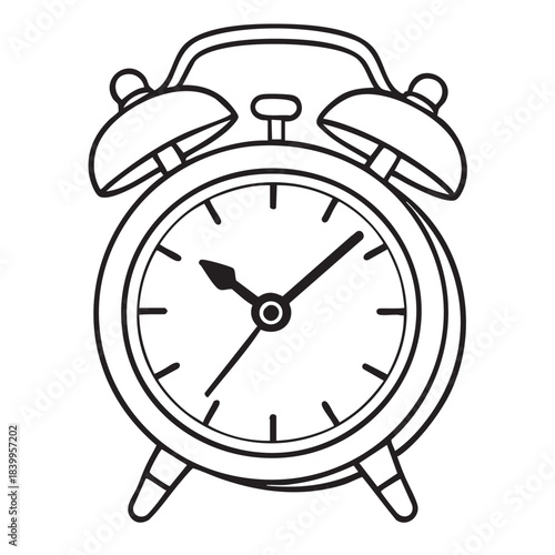 A simple black and white illustration depicts a classic twin bell alarm clock with visible hands and face