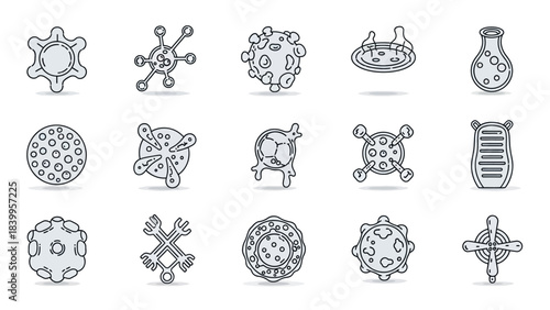 Vector art icon set depicting various nature elements and scientific vector illustrations.