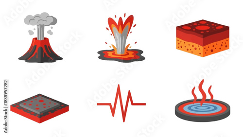 A vector set of nature icons depicting volcanic activity in vector art form.