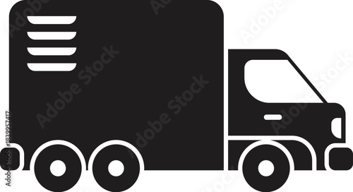 Simple black vector icon of a delivery truck transporting goods, side view, isolated on white