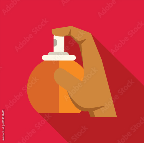 Hand holding and pressing orange spray bottle on red background