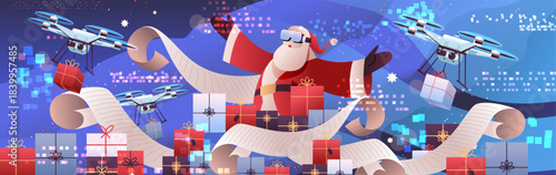Santa Christmas New Year 2026 technology presents delivery futuristic Santa with VR headset drones carrying gifts digital background festive scene