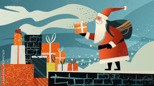 Santa Christmas gift delivery rooftop snowy night presents sack chimney festive winter scene modern flat design
