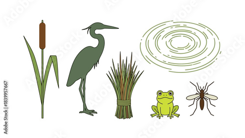 Vector art of a serene nature scene with icon vector set featuring a heron, cattail, frog, and mosquito near a pond.