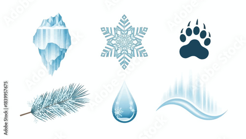 Vector art set of winter nature icons in a vector set with snowflake, ice, and tree branch.