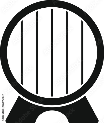 Simple black and white icon of a wooden barrel standing on a support, representing storage and aging of alcoholic beverages like wine or beer
