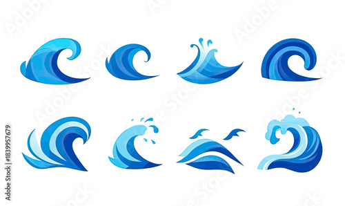 Set of eight blue ocean wave icons in various shapes with water splash effects in flat minimalist vector style for marine and water themes
