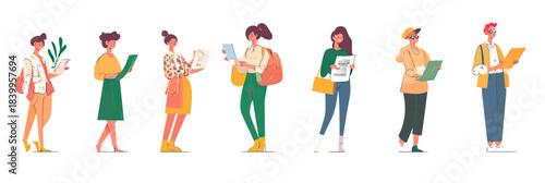 Diverse group of women standing and reading documents with casual and professional outfits in flat minimalist vector style for business task review and planning concept illustration