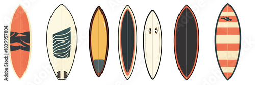 Set of seven colorful minimalist flat design surfboards in various shapes and styles aligned on white background for surfing and ocean sports concept