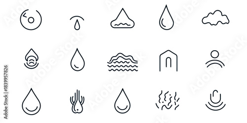 Set of water drop line icons with variations showing water waves, liquid flow, evaporation, and water splash in minimalistic thin stroke style vector illustration