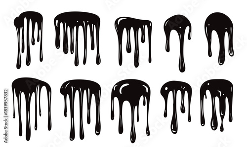 Set of black dripping paint elements with various melted liquid shapes isolated on white background for graphic design and artistic projects vector illustration