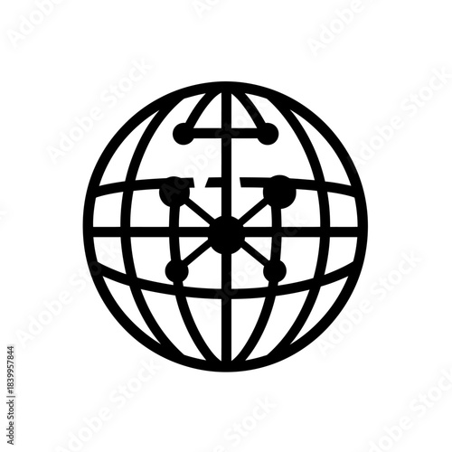 Black and white flat minimalist vector globe icon with network connections symbolizing global connectivity and internet communication technology concept