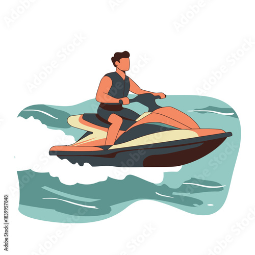 Young man riding orange and black jet ski on water waves wearing life vest and shorts flat minimalist vector illustration for leisure and water sports activity concept