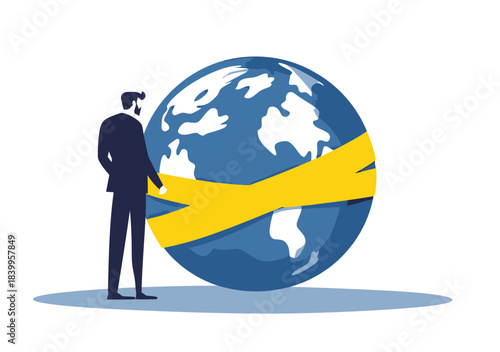 Businessman standing next to large globe wrapped in yellow caution tape with word sanctions representing global economic restrictions and international trade limits concept in flat vector style