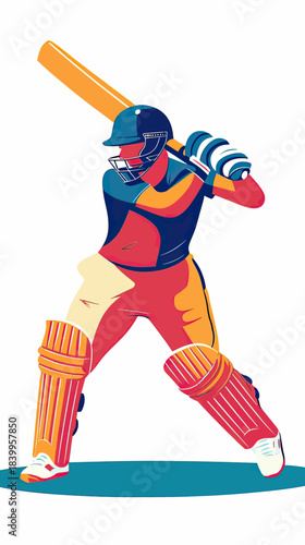 Illustration of cricket batsman in batting stance with helmet, gloves, pads, and bat in colorful flat vector style on white background