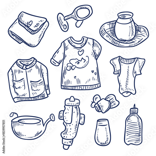 Hand drawn baby shower items collection with baby clothes, milk bottle, pacifier, mitten, bowl, and rattle in doodle sketch style vector illustration for newborn care and parenting design
