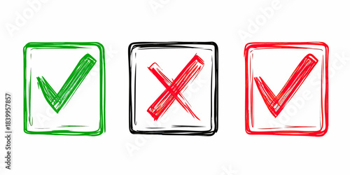 Hand drawn green check mark and red cross mark with red check mark in square boxes sketch style for yes no vote approval rejection concept vector illustration