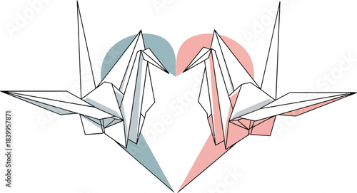 Minimal flat vector of two origami cranes forming elegant heart shape for romantic thank-you themed designs