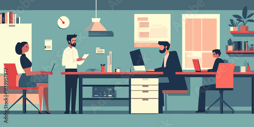 Diverse business team working in modern office with computers laptops collaboration discussion technology workspace flat vector illustration