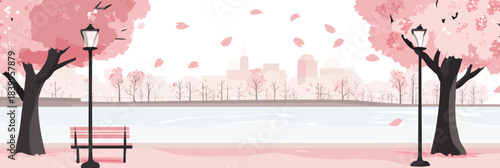 Riverside promenade with cherry blossom trees in full bloom falling petals bench lamp posts calm water and city skyline background minimalist vector illustration
