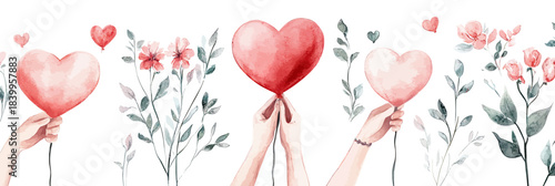 Watercolor hands holding heart shaped balloons with floral branches and leaves on white background romantic love illustration for greeting card design