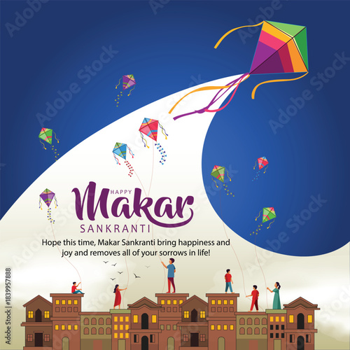 Indian festival Happy Makar Sankranti poster design with group of colorful kites flying cloudy sky. vector illustration design.
