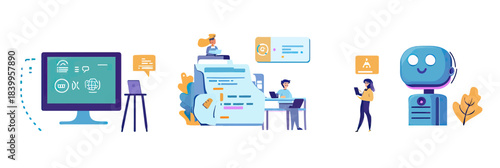 Artificial intelligence chatbot assisting programming code development with people using computer technology, digital interface and futuristic robot design vector illustration