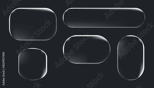 3D liquid glass shape, Glossy empty rounded rectangle and oval shapes. Blank gel or glass effect frames