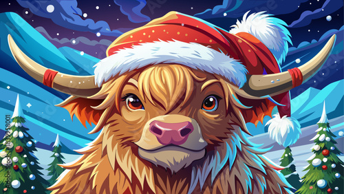 Charming winter portrait of a highland cow wearing a festive Santa hat, surrounded by sparkling glitter dust in a snowy landscape. Gentle light enhances the cow’s fluffy fur