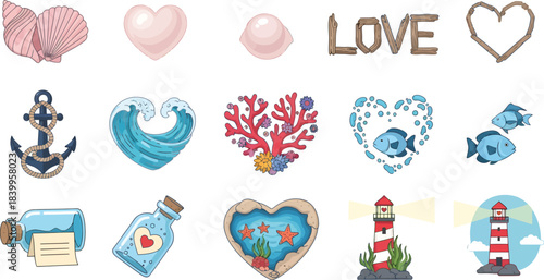 Valentine icon set created with ocean treasures including shells, corals, pearls, sea glass, hearts, and marine motifs