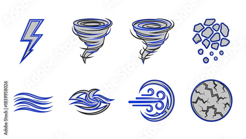 Vector art set of nature icons depicting severe weather conditions with vector tornadoes and stormy weather elements.